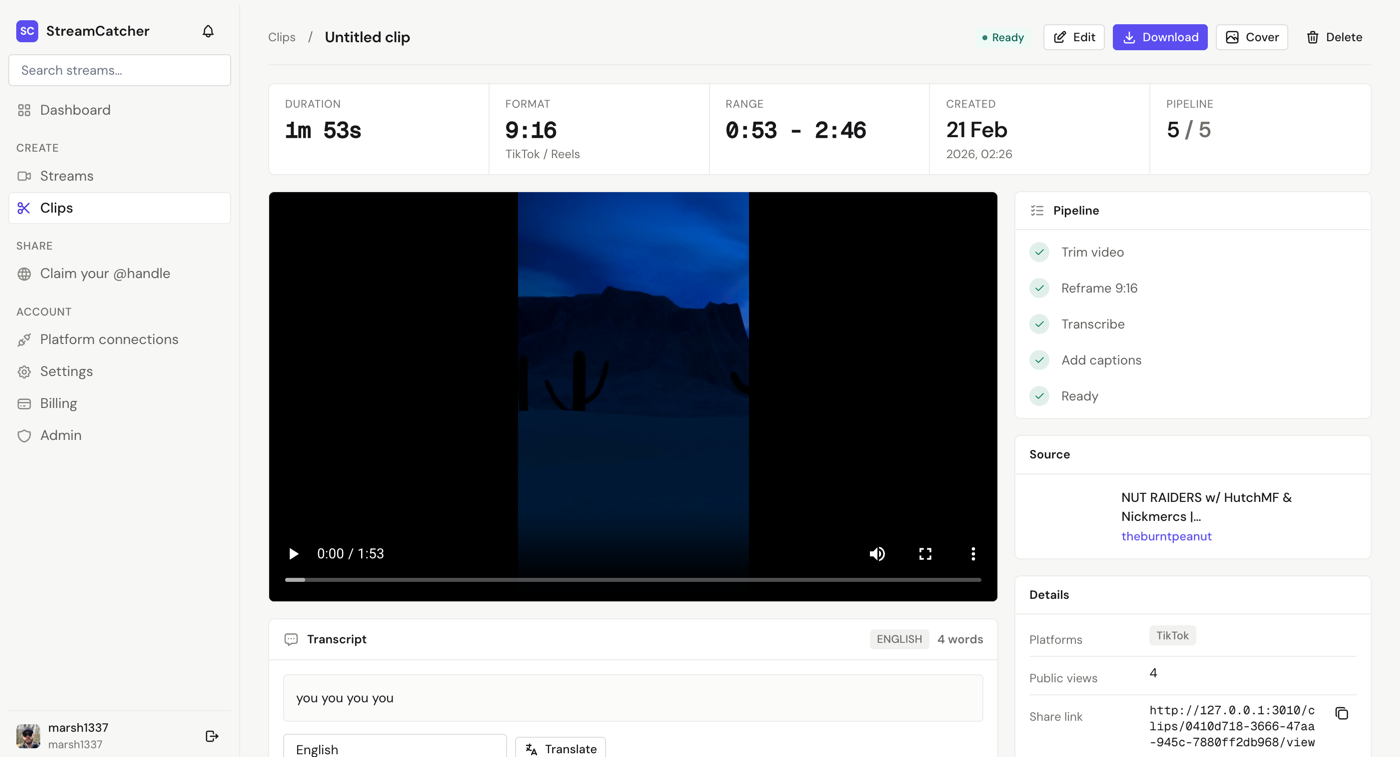 A finished clip: Captions burned in, ready to download.